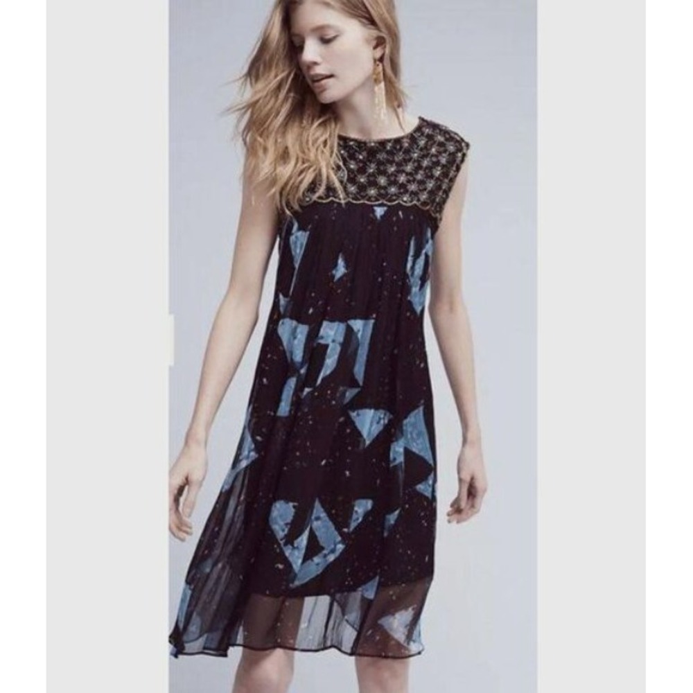 Moulinette Soeurs‎ Anthropologie Lydia Beaded Print Cocktail Dress Black Size 8